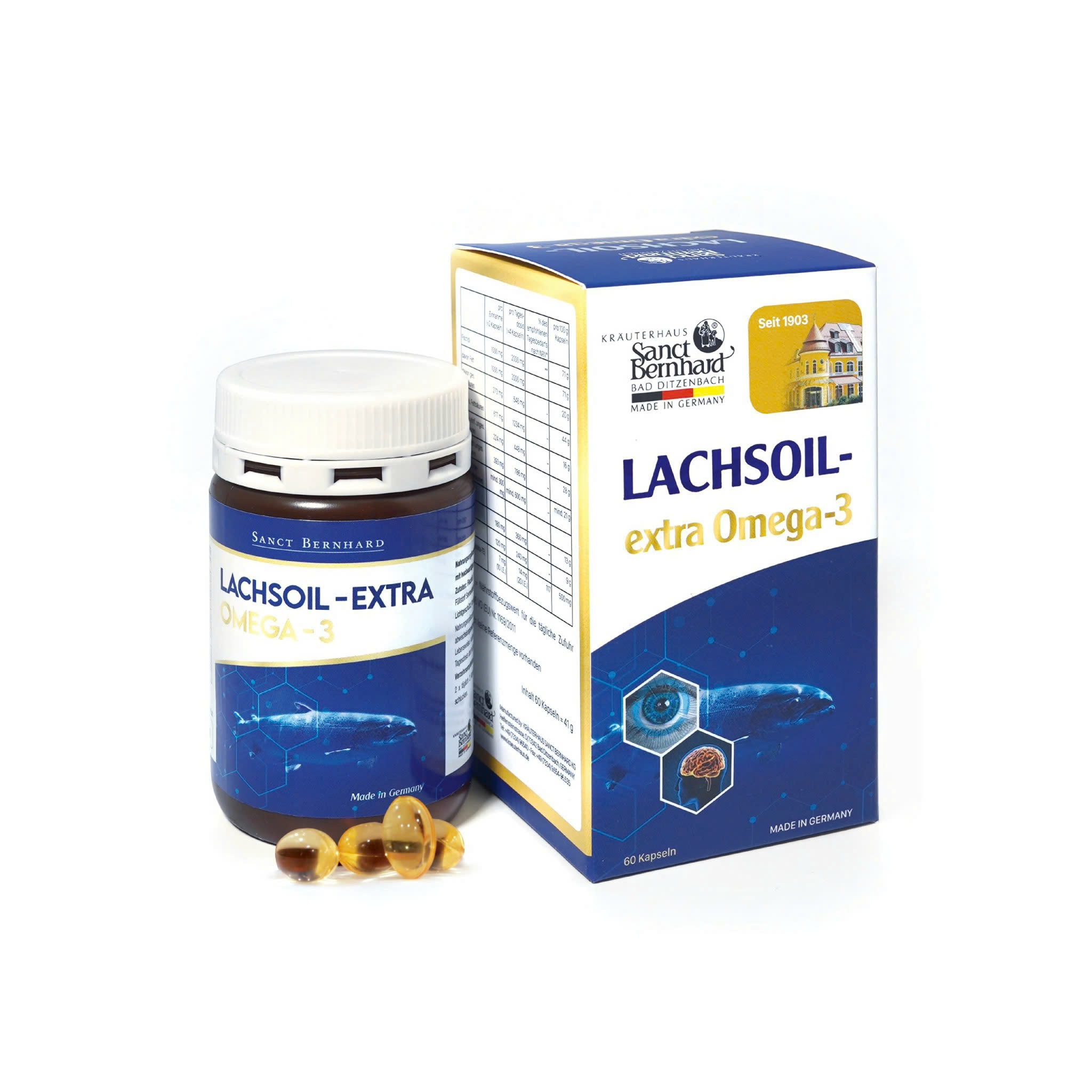 Viên uống Lachsoil Extra Omega 3 Sanct Bernhard - Giảm mỡ máu, gan nhiễm mỡ, bổ mắt, hỗ trợ tim mạch (60 viên)