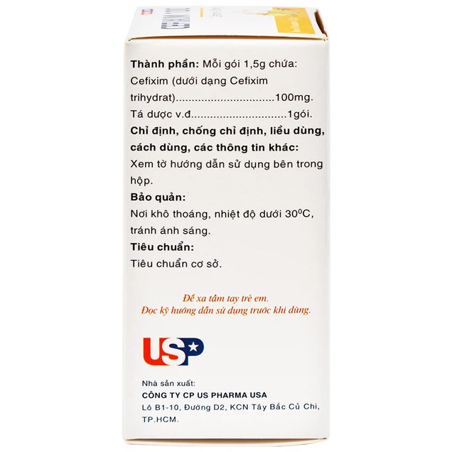 Bột pha hỗn dịch uống Cefixim 100 USP điều trị nhiễm khuẩn (10 gói x 1.5g)