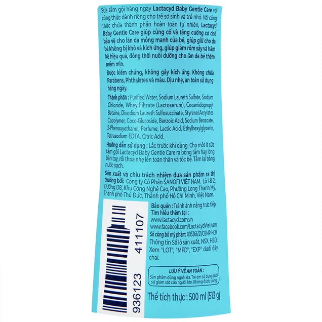 Sữa tắm gội Lactacyd baby vòi, Sanofi Việt Nam ( chai) 500mlSữa tắm gội Lactacyd Baby Body và Hair Wash Gentle Care bảo vệ, giữ ẩm da và tóc bé (500ml)