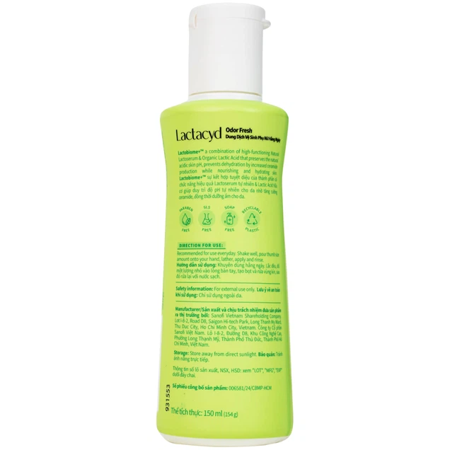 Dung dịch vệ sinh phụ nữ Lactacyd Odor Fresh ngăn mùi suốt 24h (150ml)
