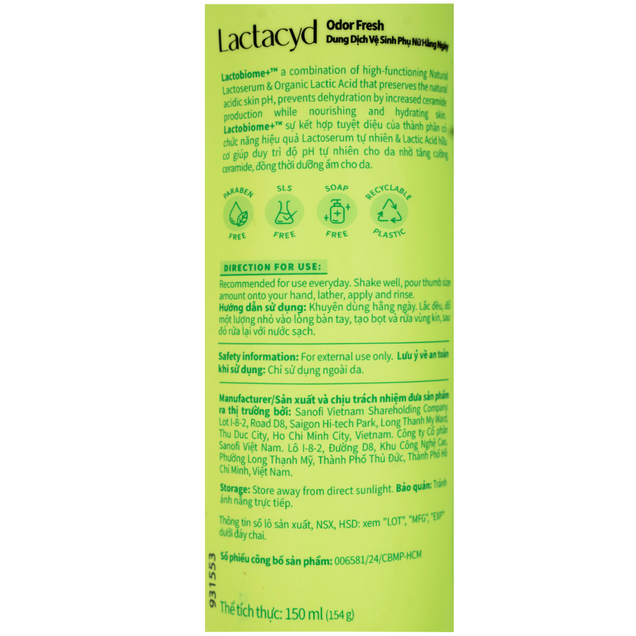 Dung dịch vệ sinh phụ nữ Lactacyd Odor Fresh ngăn mùi suốt 24h (150ml)