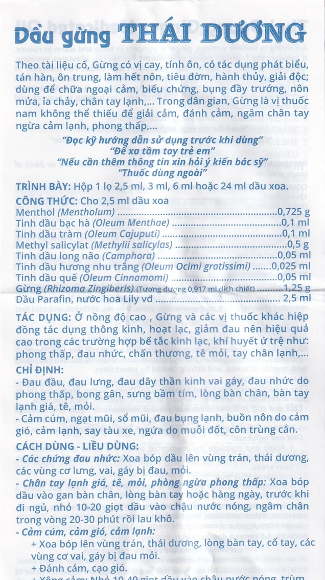 Dầu gừng Thái Dương điều trị đau đầu, đau lưng, đau dây thần kinh vai gáy (24ml)