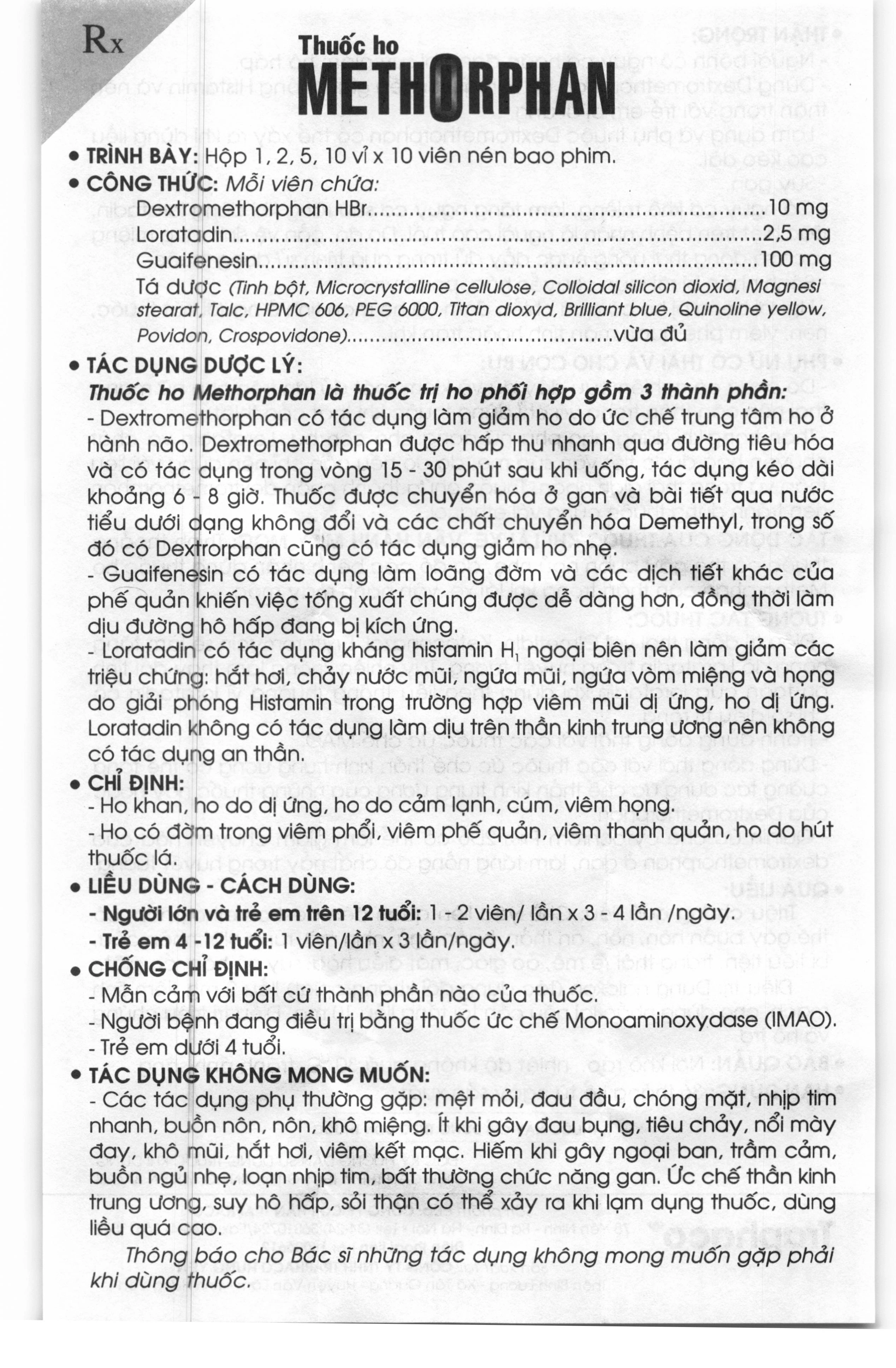 Methorphan trị ho trong bệnh lý hô hấp (10 vỉ x 10 viên)