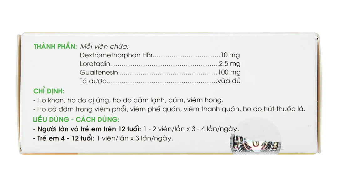 Methorphan trị ho trong bệnh lý hô hấp (10 vỉ x 10 viên)