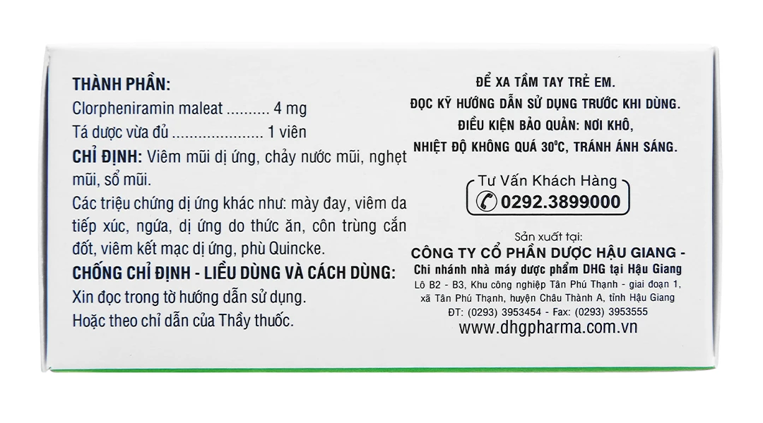 Thuốc Clorpheniramin 4 DHG điều trị viêm mũi dị ứng, chảy nước mũi (10 vỉ x 20 viên)