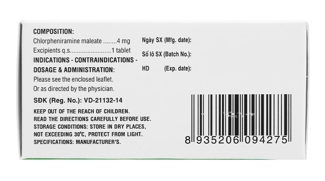 Thuốc Clorpheniramin 4 DHG điều trị viêm mũi dị ứng, chảy nước mũi (10 vỉ x 20 viên)
