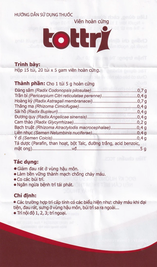 Thuốc Tottri Traphaco điều trị chảy máu khi đại tiện, đau rát (15 túi x 5g)