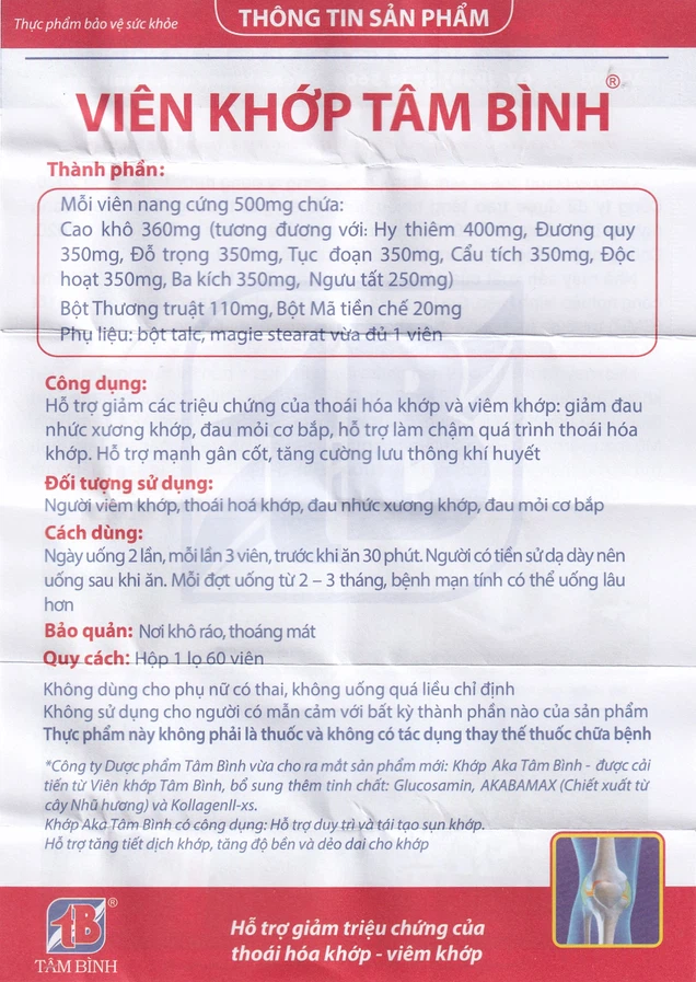 Viên khớp Tâm Bình hỗ trợ giảm các triệu chứng của thoái hóa khớp, viêm khớp (60 viên)