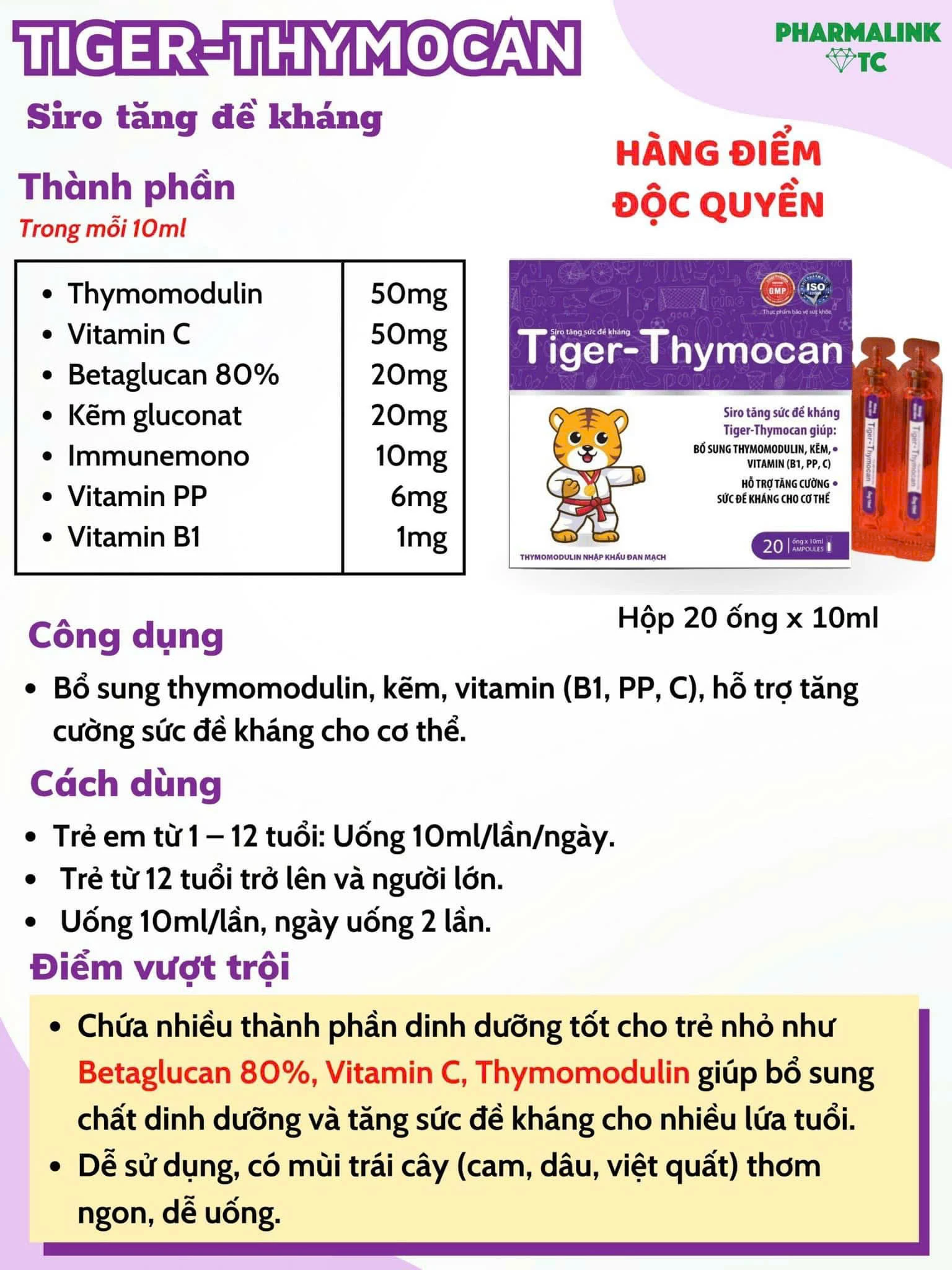 Siro tăng sức đề kháng Hổ Tiger Thymocan (Hộp 20 ống x 10ml)