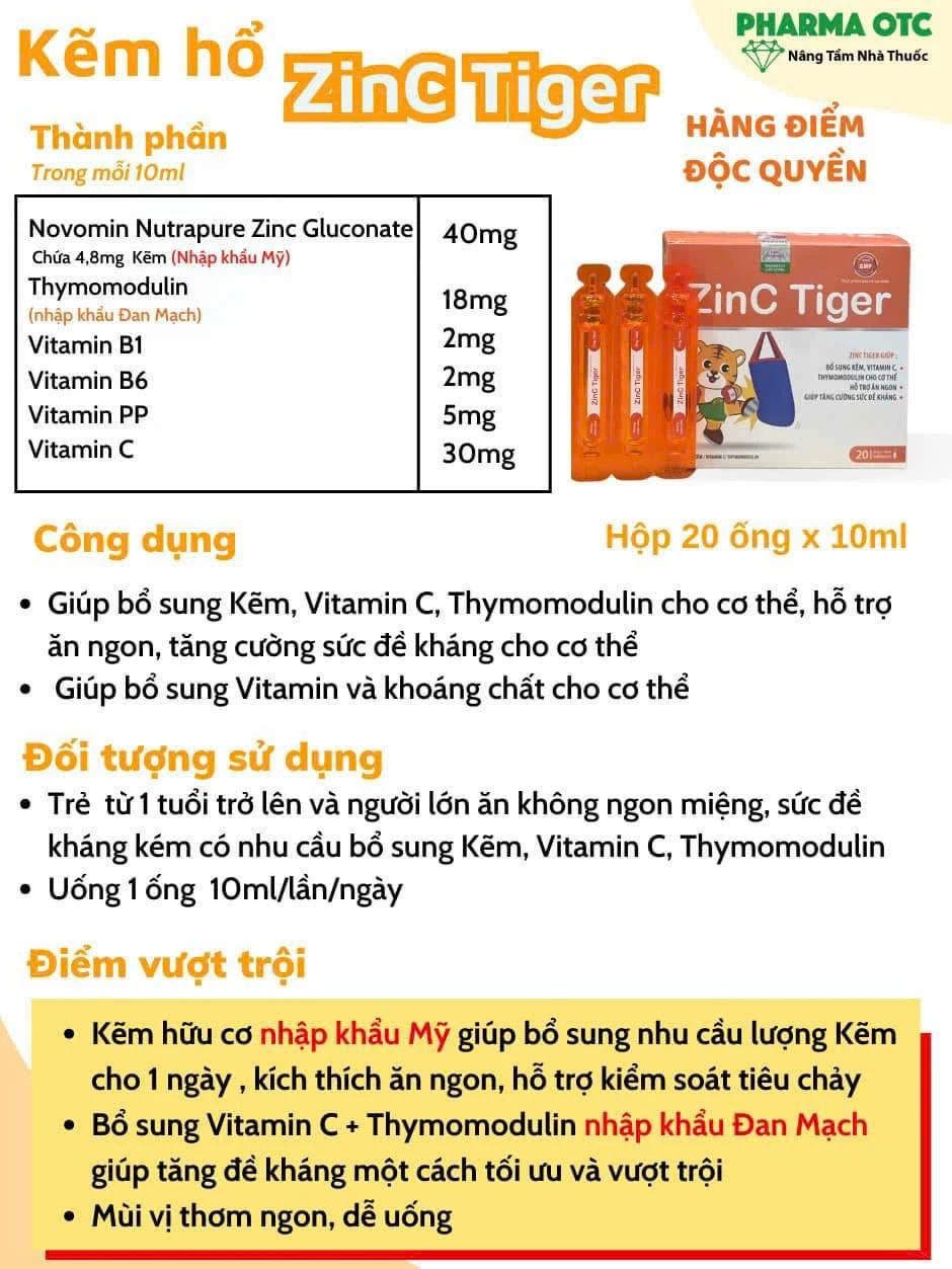 ZinC Tiger bổ sung Kẽm, Vitamin C và Thymomodulin, giúp tăng cường sức đề kháng cho cơ thể ( hộp 20 ống x 10ml)