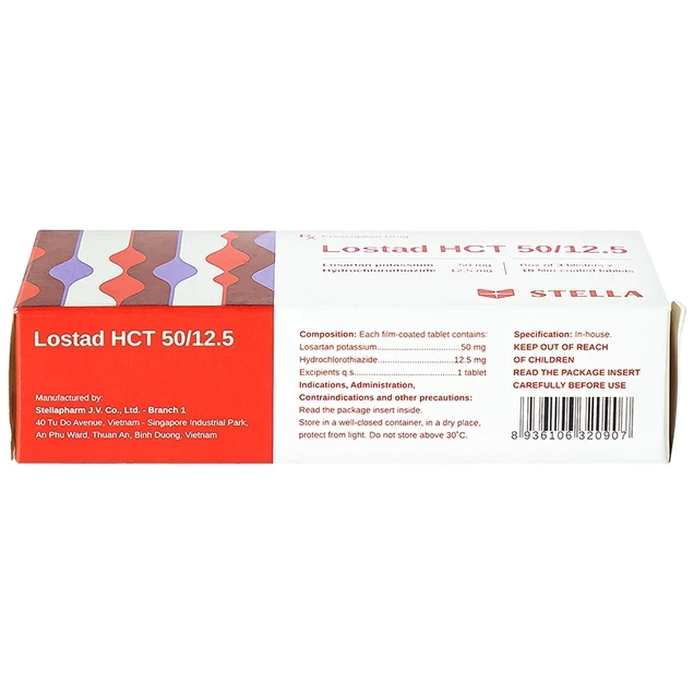 Thuốc Lostad HCT 50/12.5 Stella điều trị tăng huyết áp, giảm nguy cơ đột quỵ (3 vỉ x 10 viên)