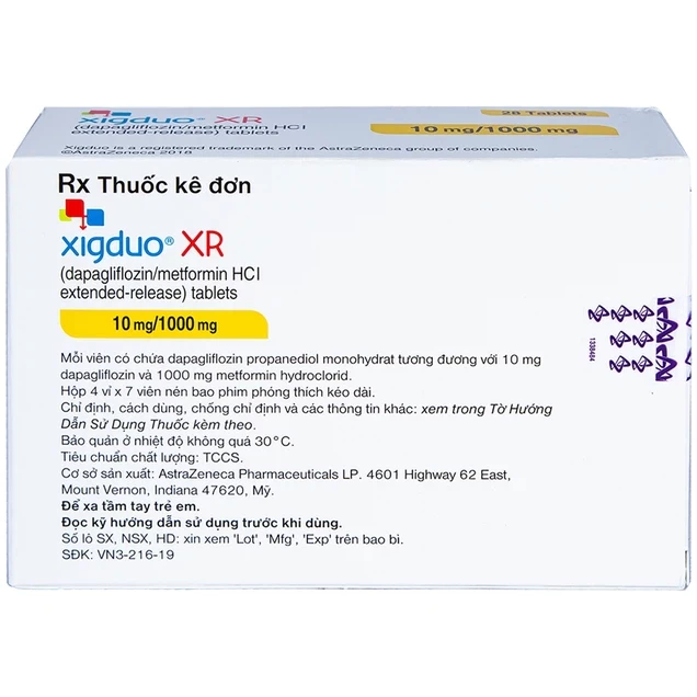 Thuốc Xigduo XR 10mg/1000mg Astrazeneca cải thiện kiểm soát đường huyết (4 vỉ x 7 viên)