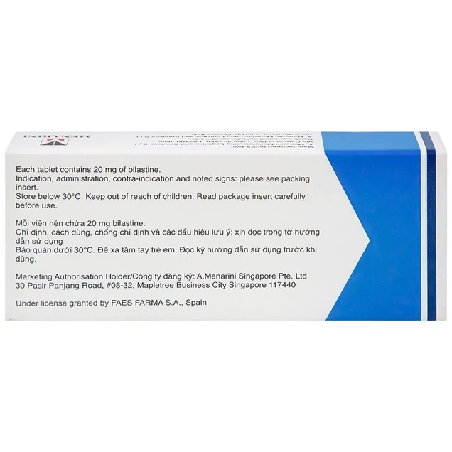 Thuốc Bilaxten 20mg Menarini điều trị viêm mũi dị ứng, mày đay (1 vỉ x 10 viên)