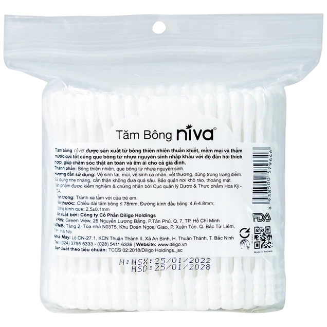 Tăm bông thân nhựa Niva AZ3 túi zip 1 đầu tròn 1 đầu xoắn vệ sinh tai, mũi, vết thương (200 que)