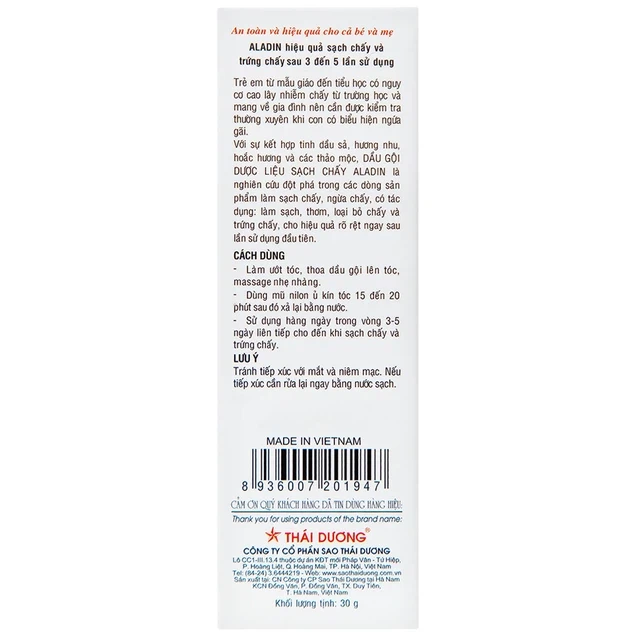 Dầu gội ngừa chấy Aladin Thái Dương (30g)