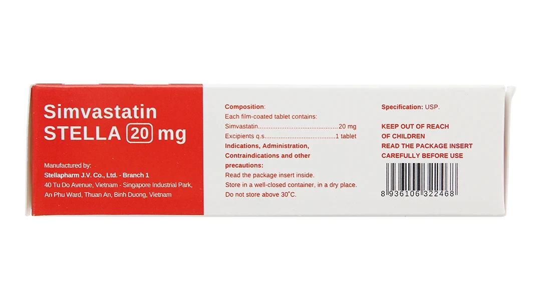 Thuốc Simvastatin Stella 20mg điều trị tăng cholesterol máu (3 vỉ x 10 viên)