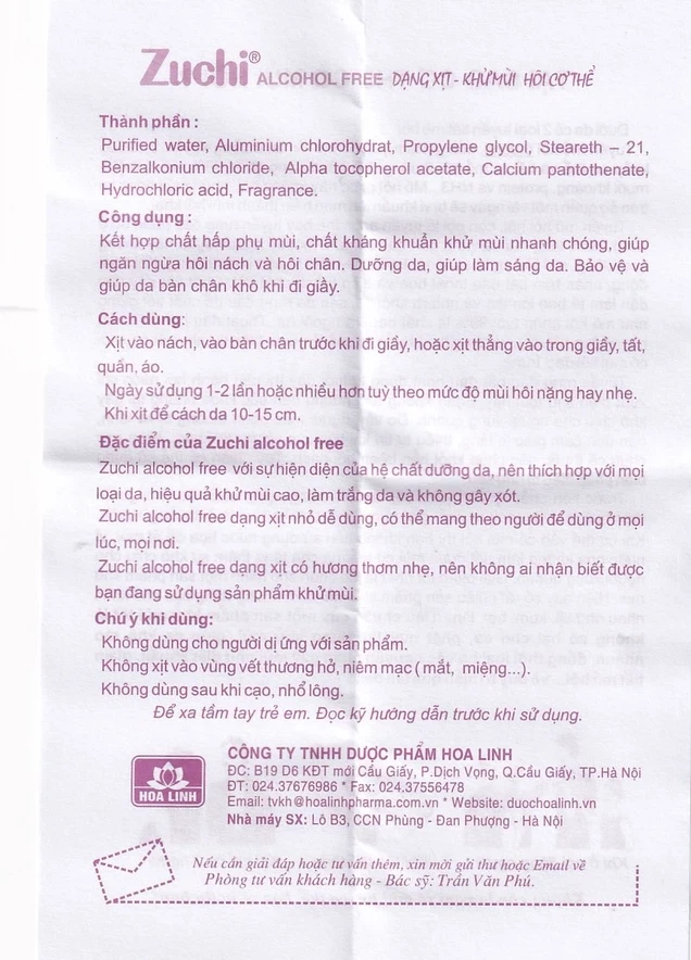 Xịt khử mùi Zuchi Hoa Linh ngăn ngừa hôi nách, hôi chân (20ml)